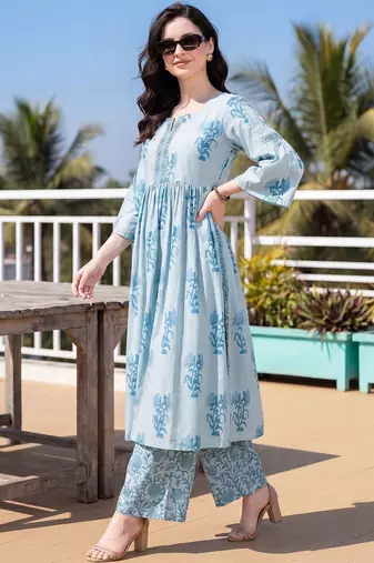 Women Floral Printed Empire Thread Work Pure Cotton Kurta with Palazzos