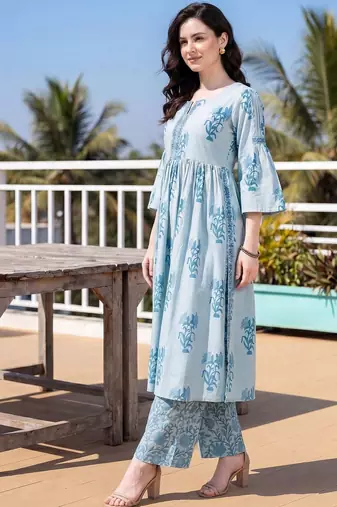 Women Floral Printed Empire Thread Work Pure Cotton Kurta with Palazzos