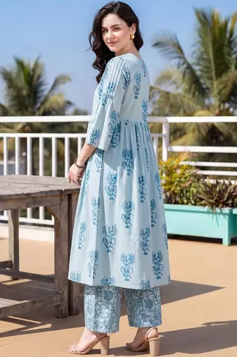 Women Floral Printed Empire Thread Work Pure Cotton Kurta with Palazzos