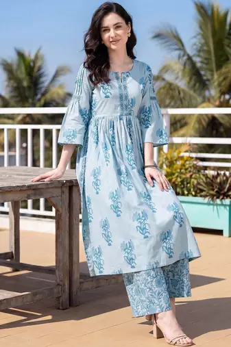 Women Floral Printed Empire Thread Work Pure Cotton Kurta with Palazzos