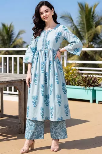 Women Floral Printed Empire Thread Work Pure Cotton Kurta with Palazzos