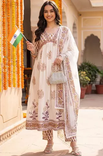 Women Ethnic Motifs Printed Empire Pure Cotton Kurta with Trousers & With Dupatta