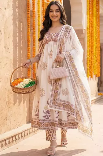 Women Ethnic Motifs Printed Empire Pure Cotton Kurta with Trousers & With Dupatta
