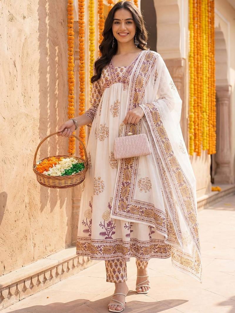 Women Ethnic Motifs Printed Empire Pure Cotton Kurta with Trousers & With Dupatta
