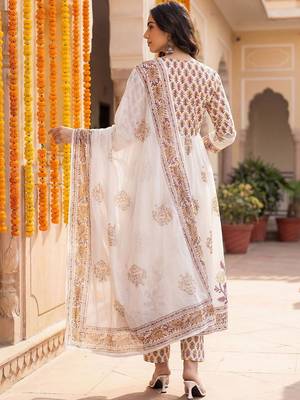 Women Ethnic Motifs Printed Empire Pure Cotton Kurta with Trousers & With Dupatta 5