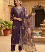 Women Ethnic Motifs Embroidered Regular Thread Work Kurta with Trousers & With Dupatta
