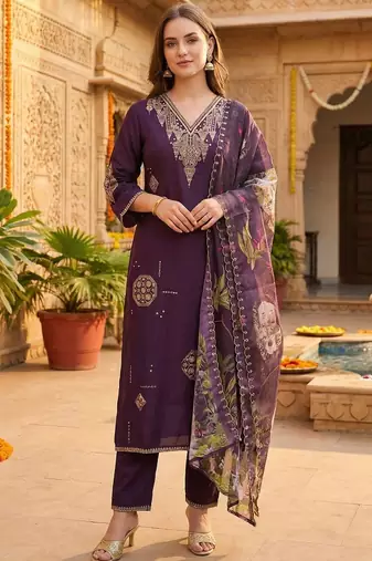 Women Ethnic Motifs Embroidered Regular Thread Work Kurta with Trousers & With Dupatta
