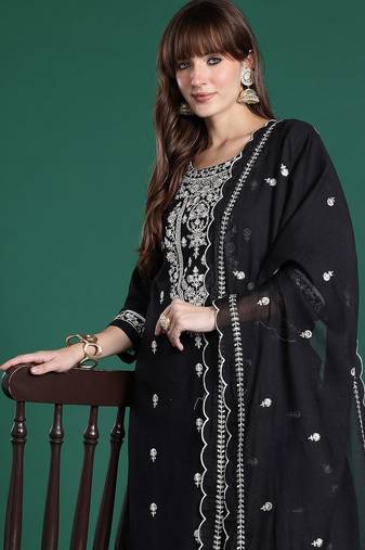 Floral Embroidered  Cotton Kurta with Trousers & Dupatta