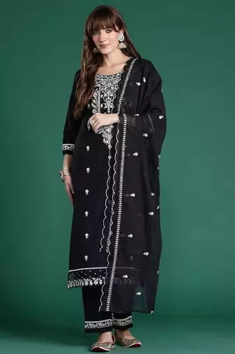 Floral Embroidered Pure Cotton Kurta with Trousers & Dupatta
