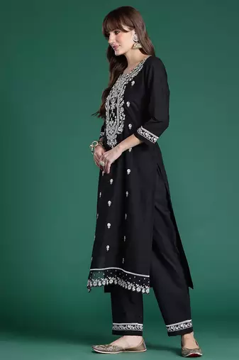 Floral Embroidered Pure Cotton Kurta with Trousers & Dupatta