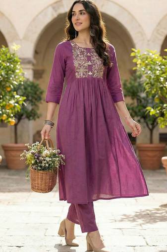 Women Ethnic Motifs Embroidered Panelled Thread Work  Cotton Kurta with Trousers
