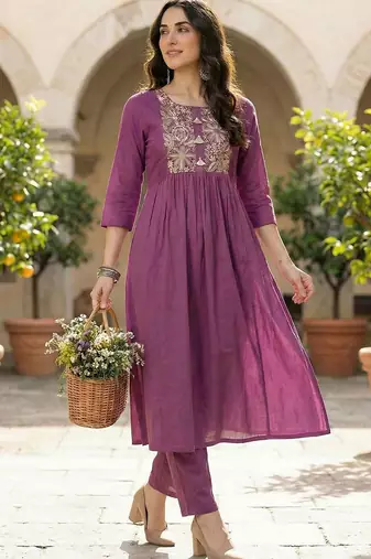 Women Ethnic Motifs Embroidered Panelled Thread Work Pure Cotton Kurta with Trousers