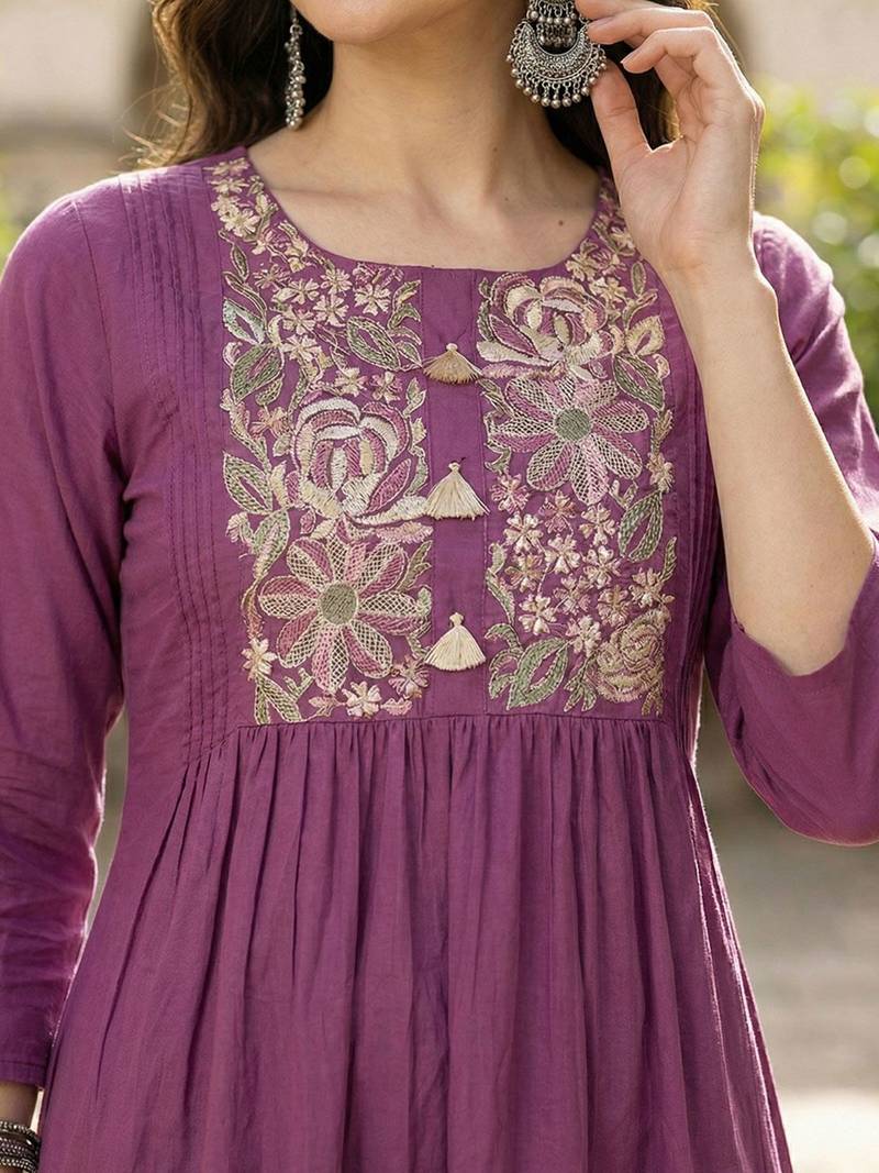 Women Ethnic Motifs Embroidered Panelled Thread Work Pure Cotton Kurta with Trousers