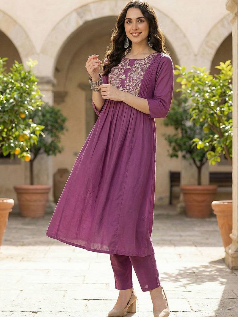 Women Ethnic Motifs Embroidered Panelled Thread Work Pure Cotton Kurta with Trousers