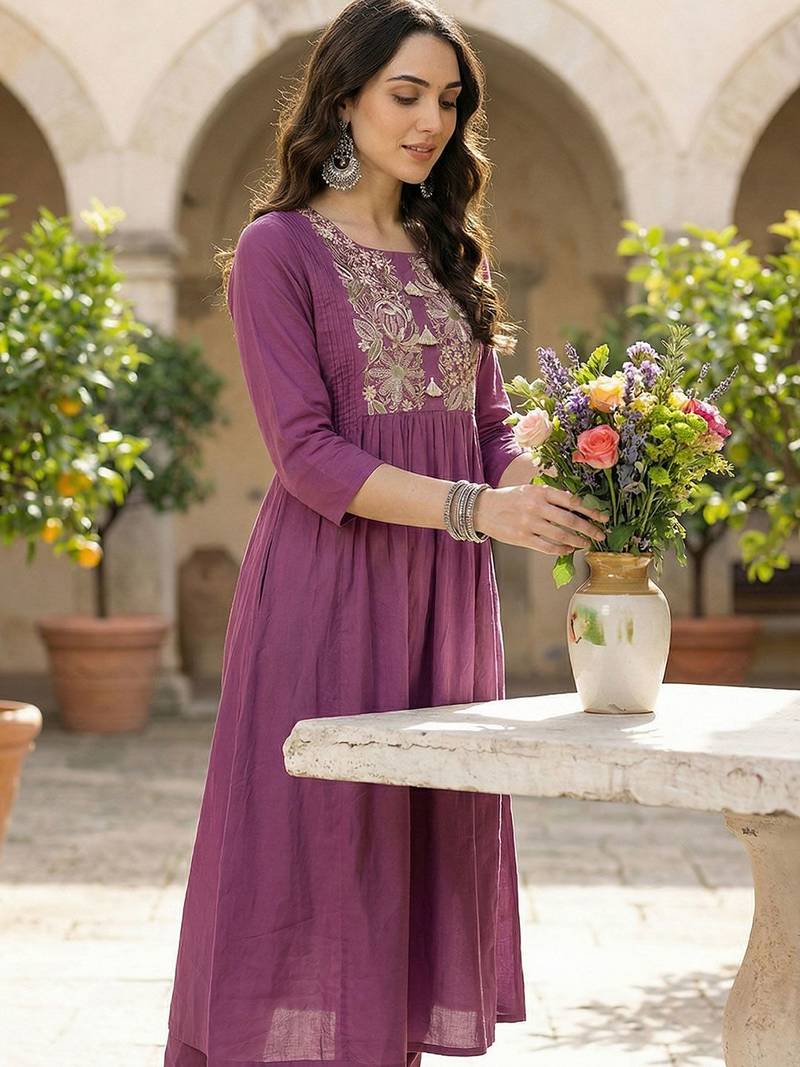 Women Ethnic Motifs Embroidered Panelled Thread Work Pure Cotton Kurta with Trousers