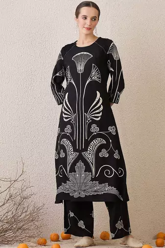 Ethnic Motifs Printed Round Neck Sequinned Straight Kurta With Palazzos