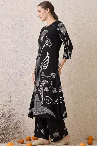 Ethnic Motifs Printed Round Neck Sequinned Straight Kurta With Palazzos