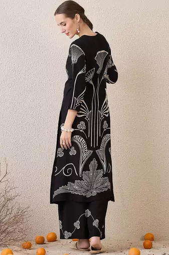 Ethnic Motifs Printed Round Neck Sequinned Straight Kurta With Palazzos