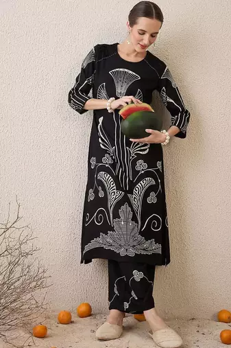 Ethnic Motifs Printed Round Neck Sequinned Straight Kurta With Palazzos