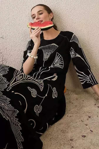 Ethnic Motifs Printed Round Neck Sequinned Straight Kurta With Palazzos
