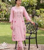 Women Floral Embroidered Regular Thread Work Pure Cotton Kurta with Trousers