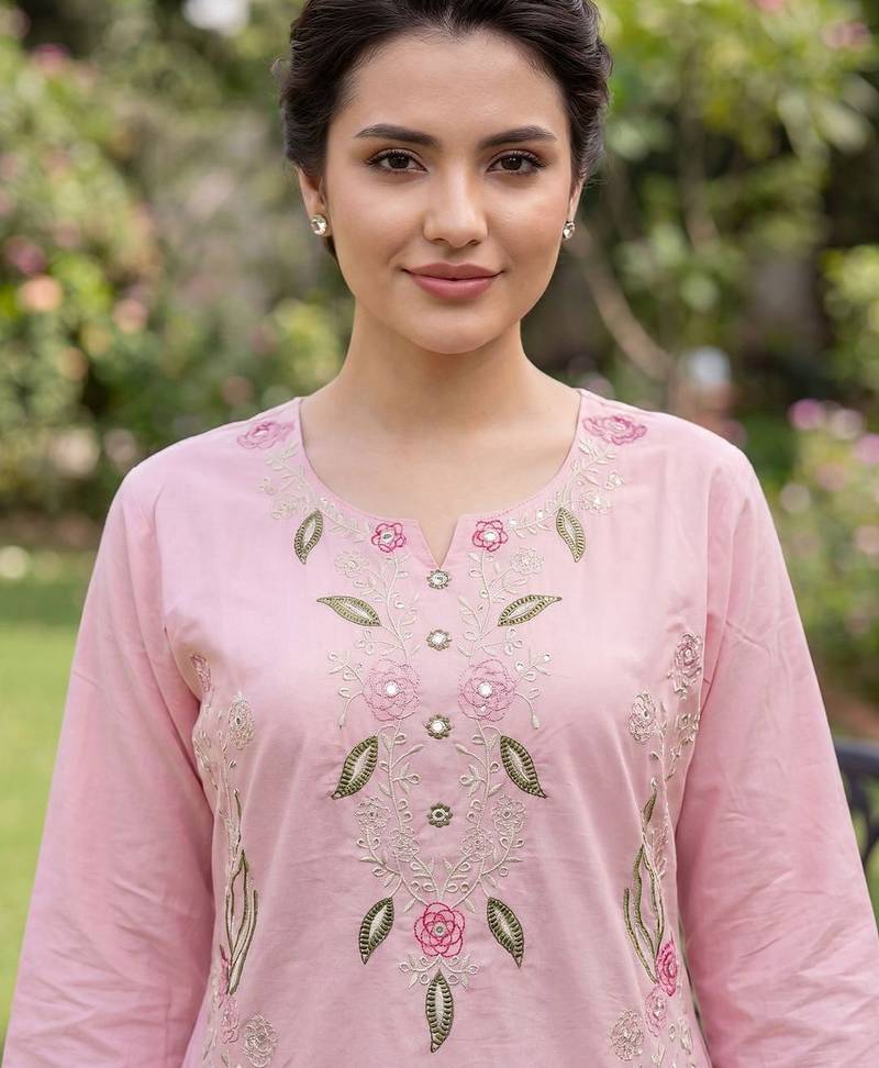 Women Floral Embroidered Regular Thread Work Pure Cotton Kurta with Trousers