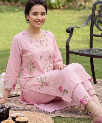 Women Floral Embroidered Regular Thread Work Pure Cotton Kurta with Trousers 5