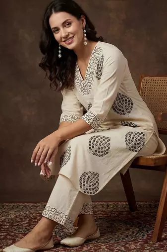 Women Ethnic Motifs Printed Regular Sequinned Pure Cotton Kurta with Palazzos