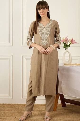 Floral Printed Thread Work  Cotton Kurta With Palazzos