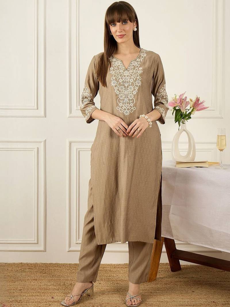 Floral Printed Thread Work Pure Cotton Kurta With Palazzos