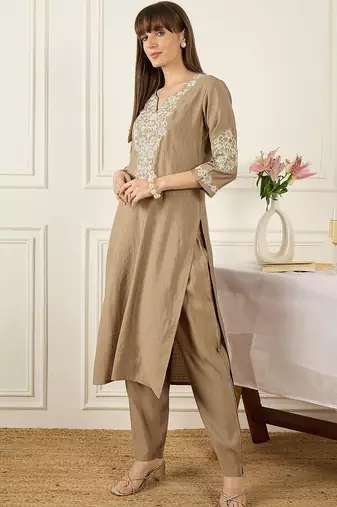 Floral Printed Thread Work Pure Cotton Kurta With Palazzos