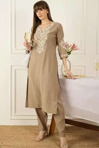 Floral Printed Thread Work Pure Cotton Kurta With Palazzos