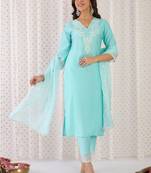 Floral Yoke Design Liva Straight Kurta With Trousers & Dupatta