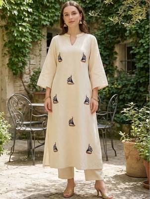 Women Embroidered Regular Thread Work Pure Cotton Kurta with Palazzos 1