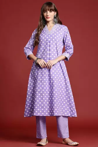Printed Pleated Pure Cotton Kurta with Trousers