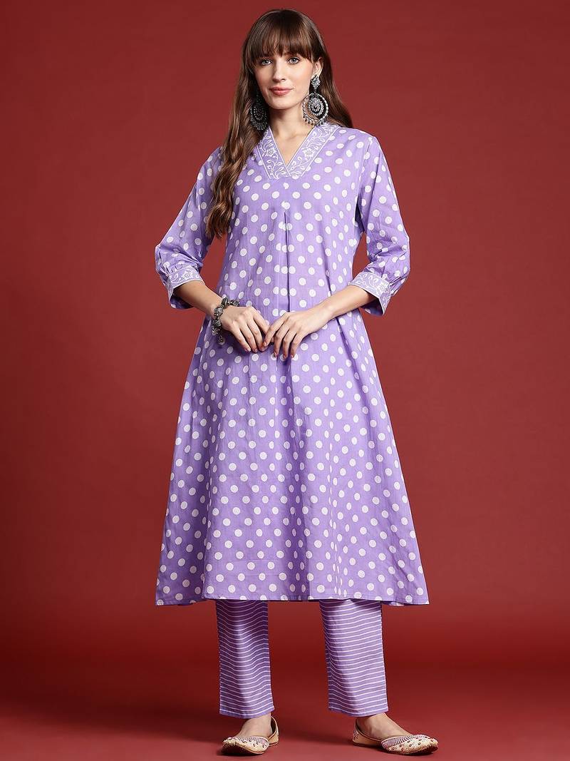 Printed Pleated Pure Cotton Kurta with Trousers