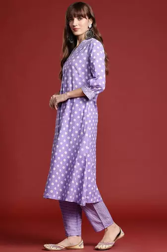Printed Pleated Pure Cotton Kurta with Trousers