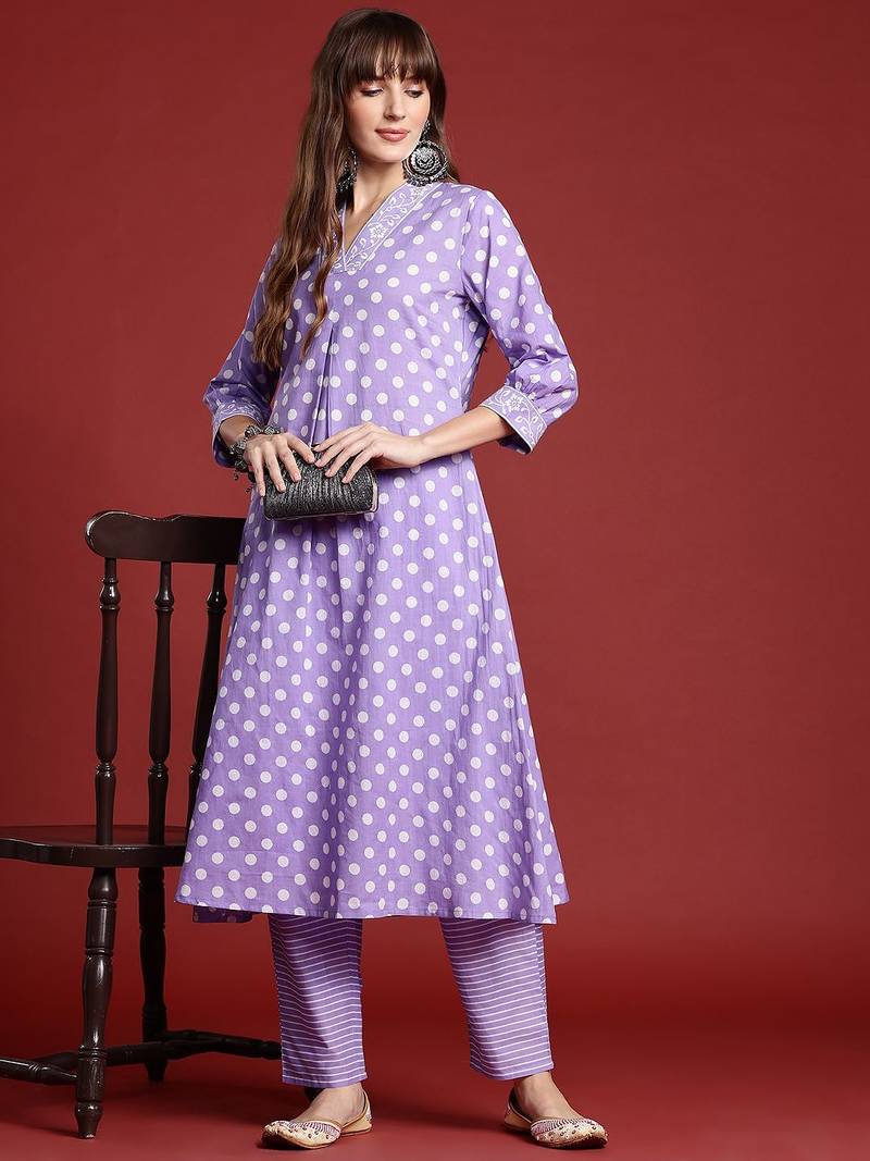 Printed Pleated Pure Cotton Kurta with Trousers
