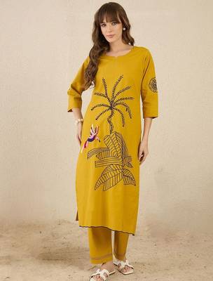 Floral Embroidered Round Neck Thread Work Pure Cotton Straight Kurta & Trousers 2