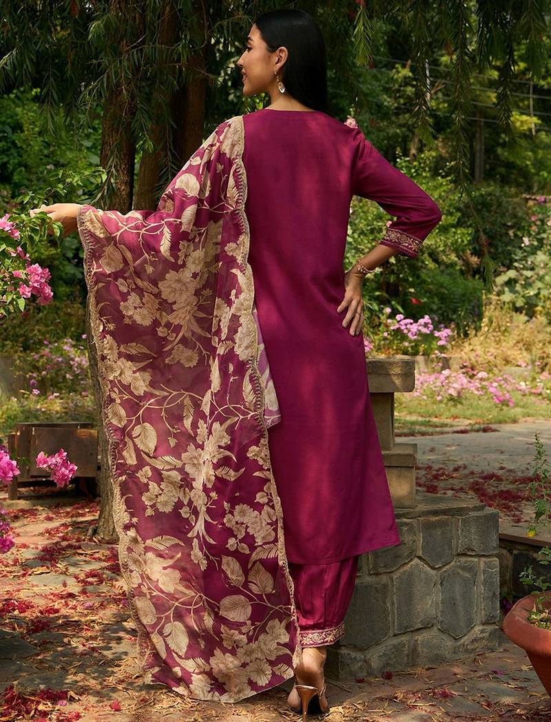 Ethnic Motifs Embroidered V-Neck Thread Work Straight Kurta with Salwar & Dupatta