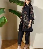 Women Black Floral Embroidered Thread Work Pure Cotton Kurti with Trousers