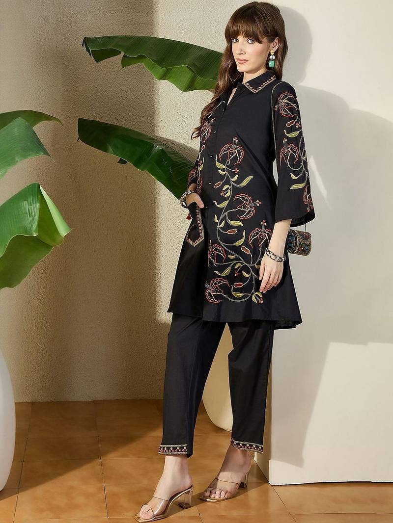 Women Black Floral Embroidered Thread Work Pure Cotton Kurti with Trousers