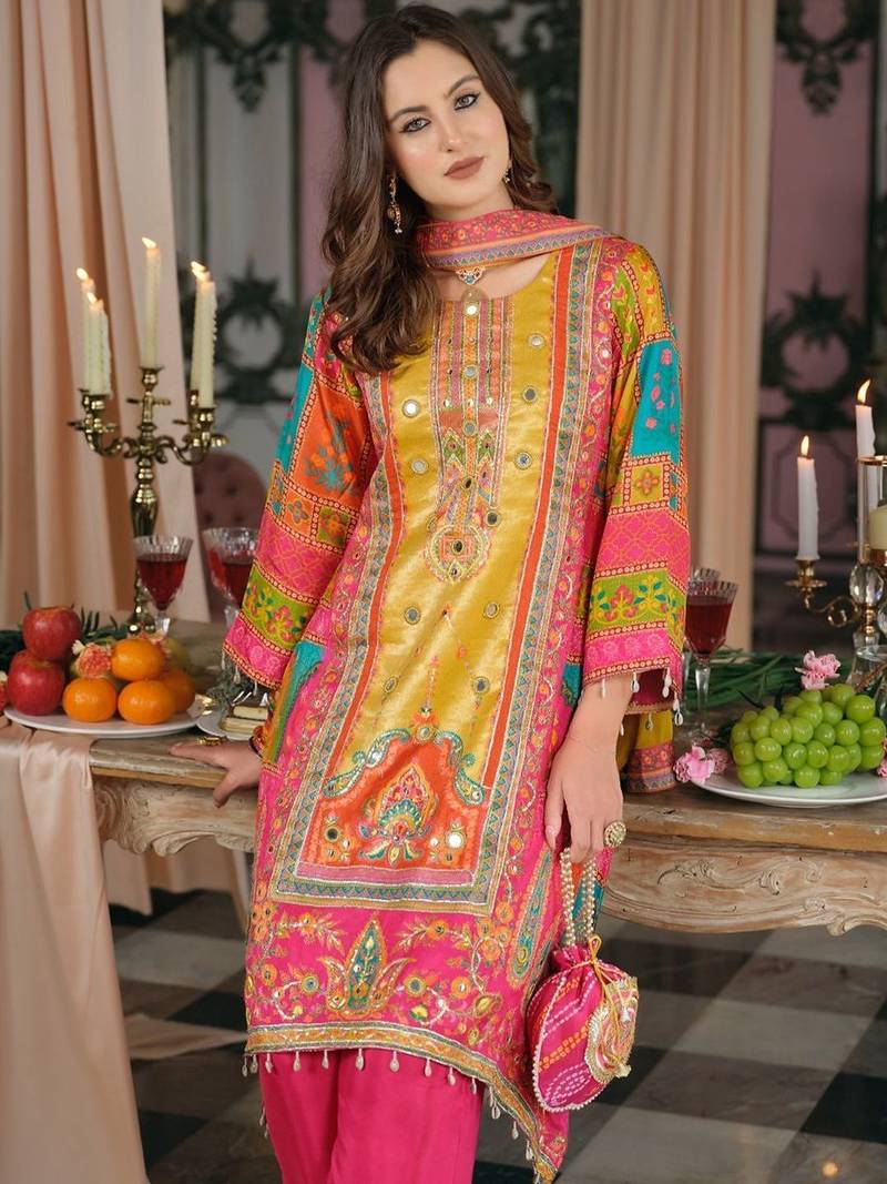 Women Ethnic Motifs Printed Regular Mirror Work Kurta with Palazzos & With Dupatta
