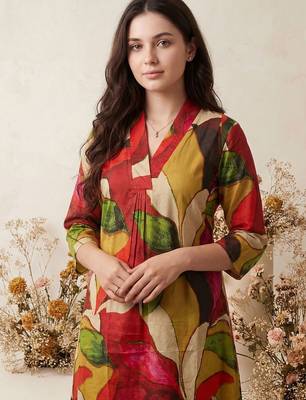 Women Printed Pleated Pure Cotton Kurta with Trousers 1