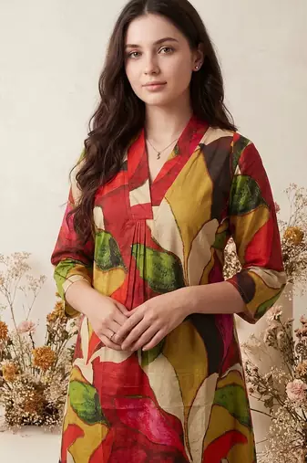 Women Printed Pleated Pure Cotton Kurta with Trousers