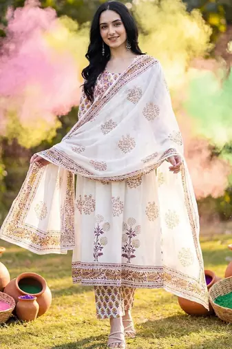 Women Ethnic Motifs Printed Regular Pure Cotton Kurta with Trousers & With Dupatta