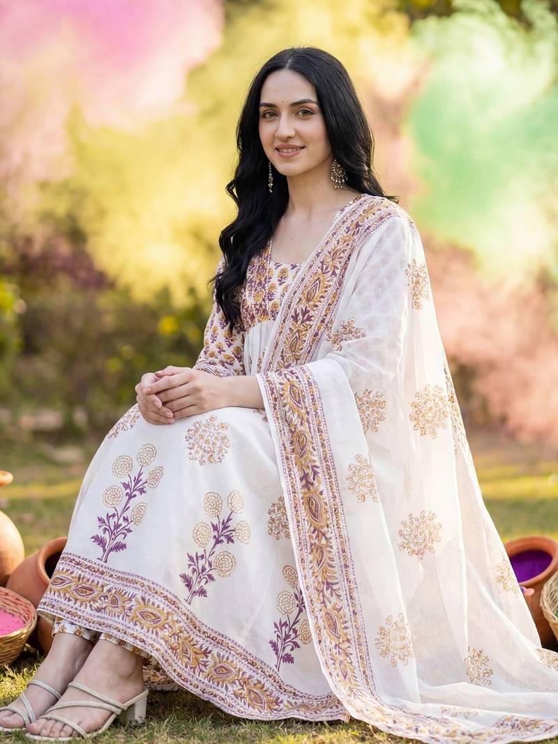 Women Ethnic Motifs Printed Regular Pure Cotton Kurta with Trousers & With Dupatta