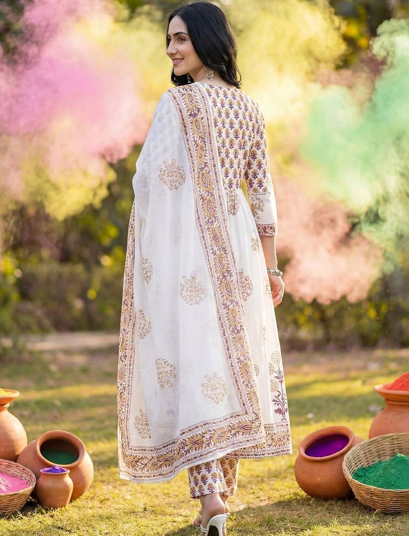 Women Ethnic Motifs Printed Regular Pure Cotton Kurta with Trousers & With Dupatta