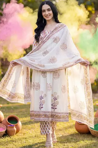 Women Ethnic Motifs Printed Regular Pure Cotton Kurta with Trousers & With Dupatta