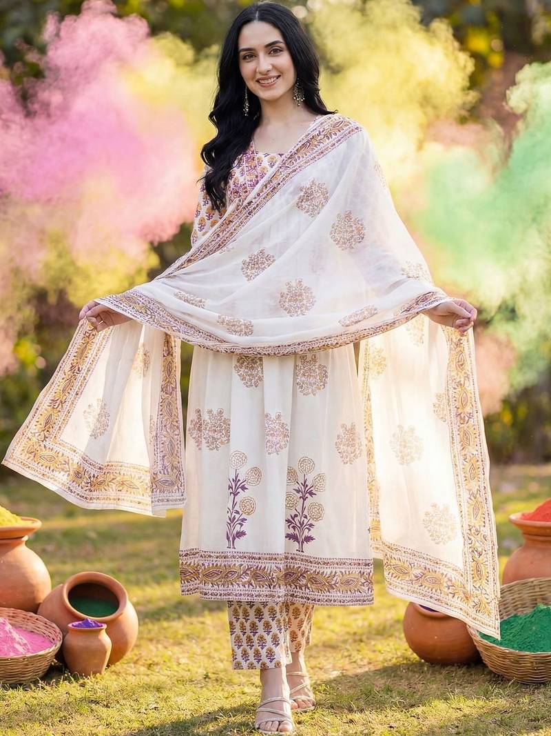 Women Ethnic Motifs Printed Regular Pure Cotton Kurta with Trousers & With Dupatta